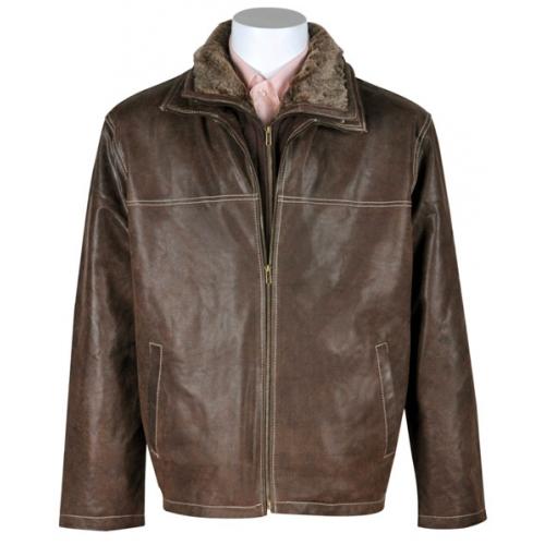 Vintage Brown Genuine Distressed Leather Jacket With Removable Fur Trimming 22029
